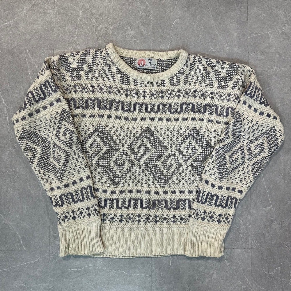 Vintage Isle of Cotton Mens Medium Geometric Knit Crewneck Sweater Cream Grey